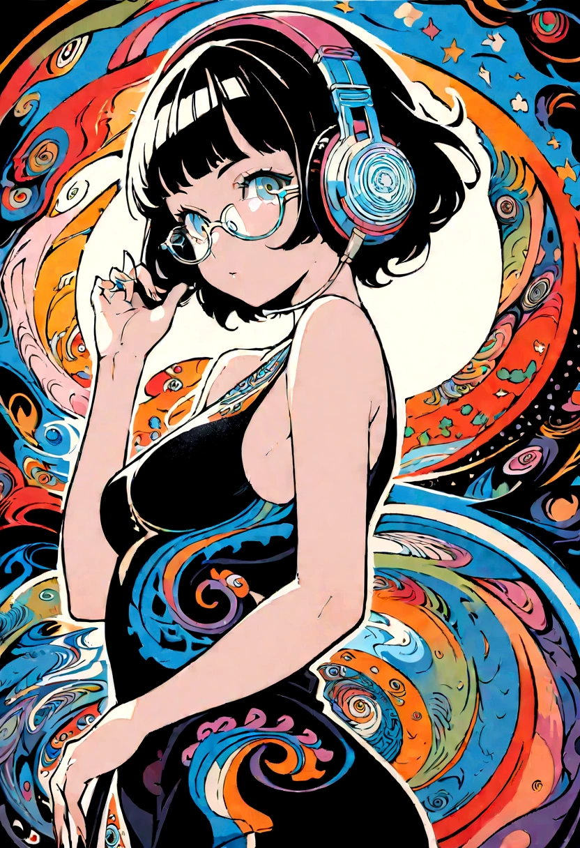 ((top-quality)), ((​masterpiece)), (extremely detailed fine touch:1.3), psychedelic art, ukiyoe art, 1girl, solo, short hair, (((under-rimmed glasses:1.3))), (headphones:1.3), medium breasts, bare arms, 