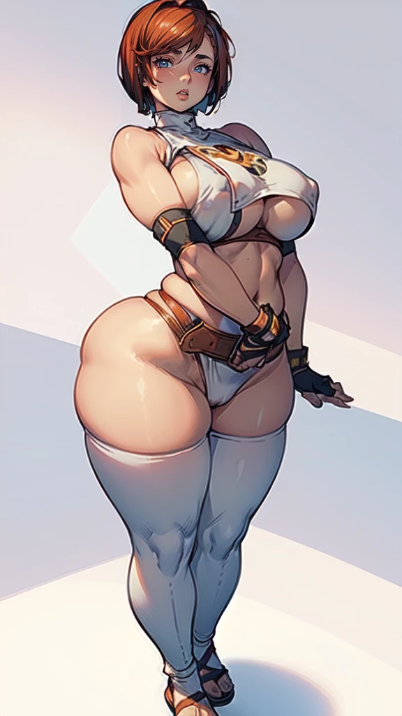 (masterpiece), best quality, female warrior, huge girl, female muscular:1.2, ((very short hair:1.6)), ginger hair, big breast, (curvy:1.8), (((blank background))), ((full body)), fingerless gloves, sandals, sleeveless, covered nipples, (underboobs:1.3), tshirt top, shaved hair, (buzzcut hairstyle), white socks