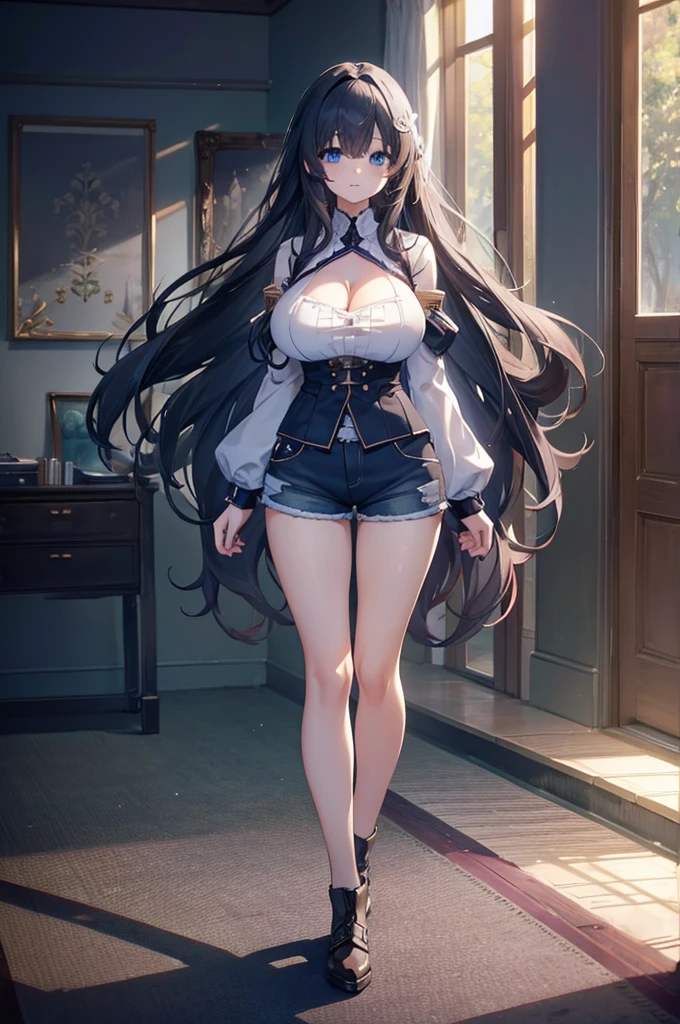 (big breasts, long hair)), (((anime girl))), daylight sunlight, ((full body)), mole on chest, ((shorts)), (extremely detailed 8k cg wallpaper), (extremely delicate and beautiful), (Masterpiece artwork), (the best quality: 1.0), (ultra resolution: 1.0), beautiful lighting, realistic shadows, [high resolution], Detailed aspects, ultra detailed, cleavage, mini black top, (detailed eyes:1.0, perfect eyes, blue eyes)