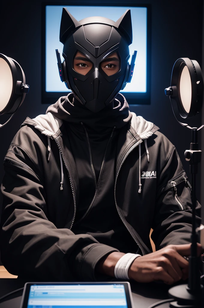 Create a character "black skin masked male." in a podcast studio, looking at the camera in front of you.