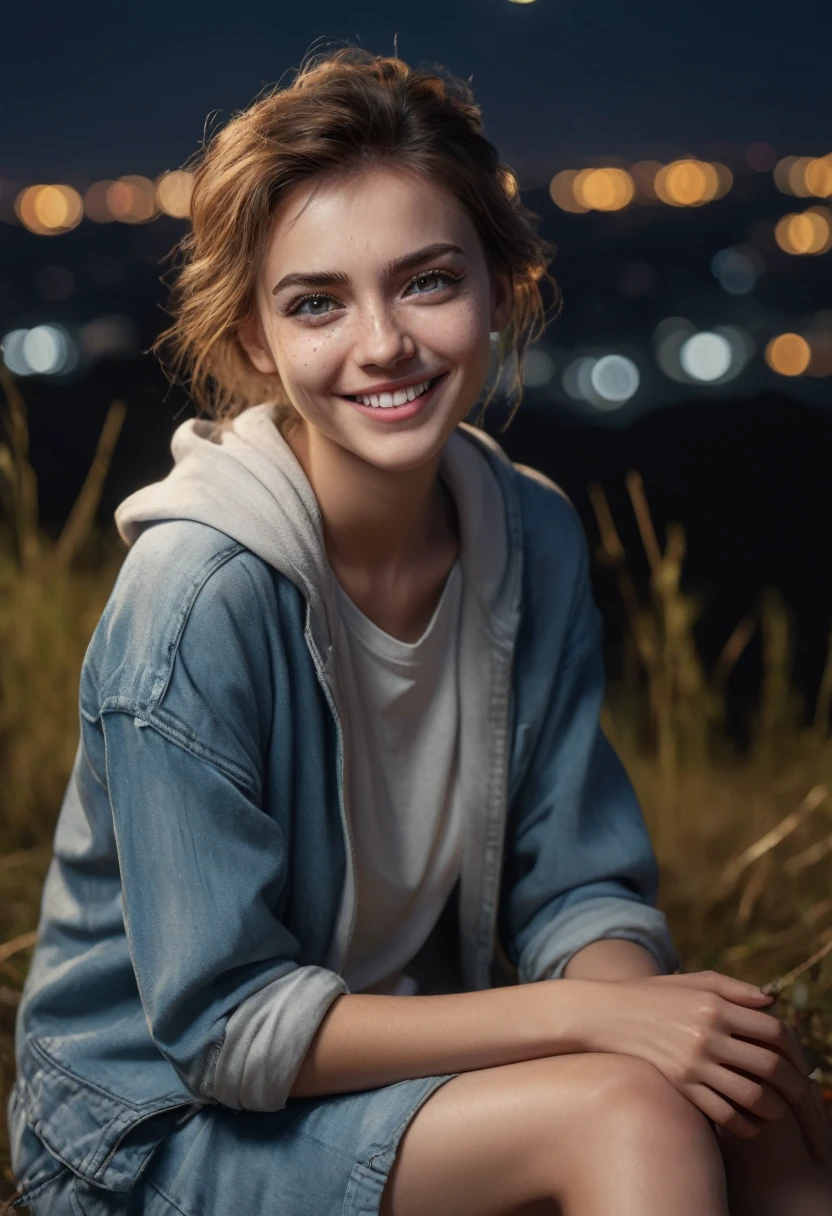 fairy grin,intricate details,pretty,natural skin texture, hyper realism,extremely detailed,elegant,8k resolution,faded,minimal palette color, realistic render,on knees,tomboy,extremely detailed, [night landscape],masterpiece,intricate details,faded,eyes extremely detailed, high detailed eyes,4k resolution,RAW, Nikon Z9
