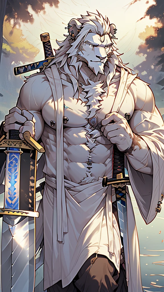 (masterpiece),(highres),(intricate details:1.4),extremely detailed,(illustration:1.2),8k,photorealistic,exquisite,,aged,elder male lion ,muscular,(bishop :1.7),(Ancient Greek mythological style;1.8),(loose white robe:1.6),manhood,safeguard,(white hair:1.3),long hair,long white beard,scar,(badly damaged:1.7),(a sword piercing into his chest:1.9),(bulging crotch:1.8),(homosexual),(naked upper body:1.7),(a serene face:1.9)