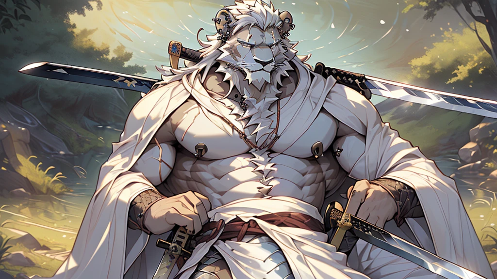 (masterpiece),(highres),(intricate details:1.4),extremely detailed,(illustration:1.2),8k,photorealistic,exquisite,,aged,elder male lion ,muscular,(bishop :1.7),(Ancient Greek mythological style;1.8),(loose white robe:1.6),manhood,safeguard,(white hair:1.3),long hair,long white beard,scar,(badly damaged:1.7),(a sword piercing into his chest:1.9),(bulging crotch:1.8),(homosexual),(naked upper body:1.7),(a serene face:1.9)