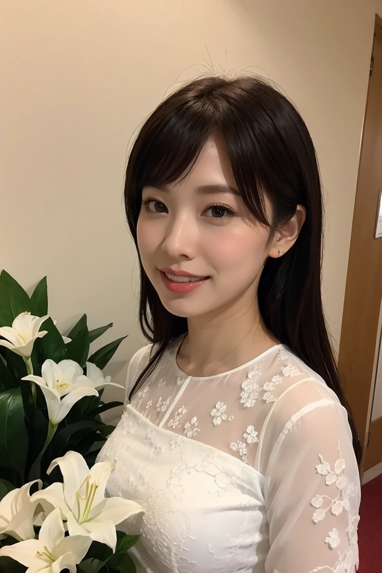 Medium Size Display, Medium Shot, Written boundary depth, bust, Upper Body, Movie angle, masterpiece, Highest quality, Very detailed, CG, 8k wallpaper, Beautiful Face, Delicate eyes, Otome, alone, smile, bangs, skirt, Formal blouse, Bouquet of lilies