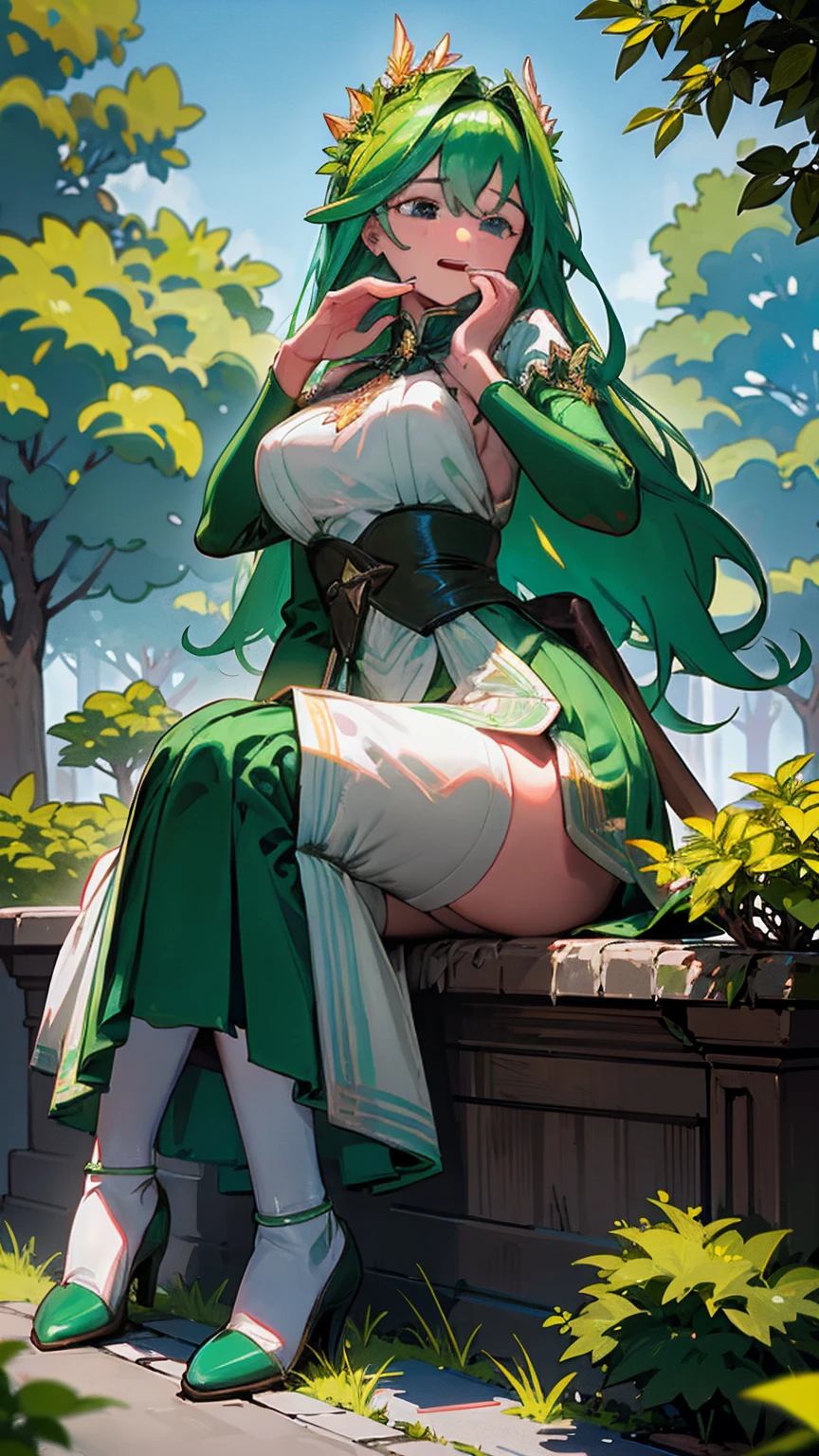 In the middle of a busy city park, the Giantess Goddess with emerald green skin and sapphire blue eyes steps over trees and benches. Her hair, a cascade of green leaves, sets the greenery ablaze. Normal-sized park-goers scatter, but many are caught and crushed underfoot. She scoops up the survivors, pressing them against her emerald curves, their struggles amplifying her pleasure.

