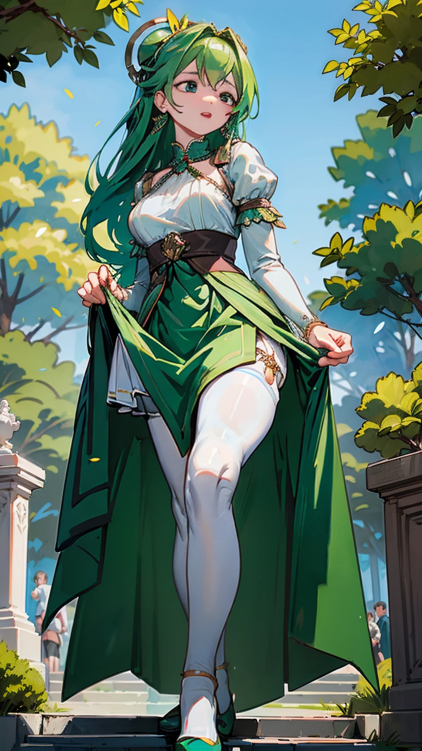 In the middle of a busy city park, the Giantess Goddess with emerald green skin and sapphire blue eyes steps over trees and benches. Her hair, a cascade of green leaves, sets the greenery ablaze. Normal-sized park-goers scatter, but many are caught and crushed underfoot. She scoops up the survivors, pressing them against her emerald curves, their struggles amplifying her pleasure.

