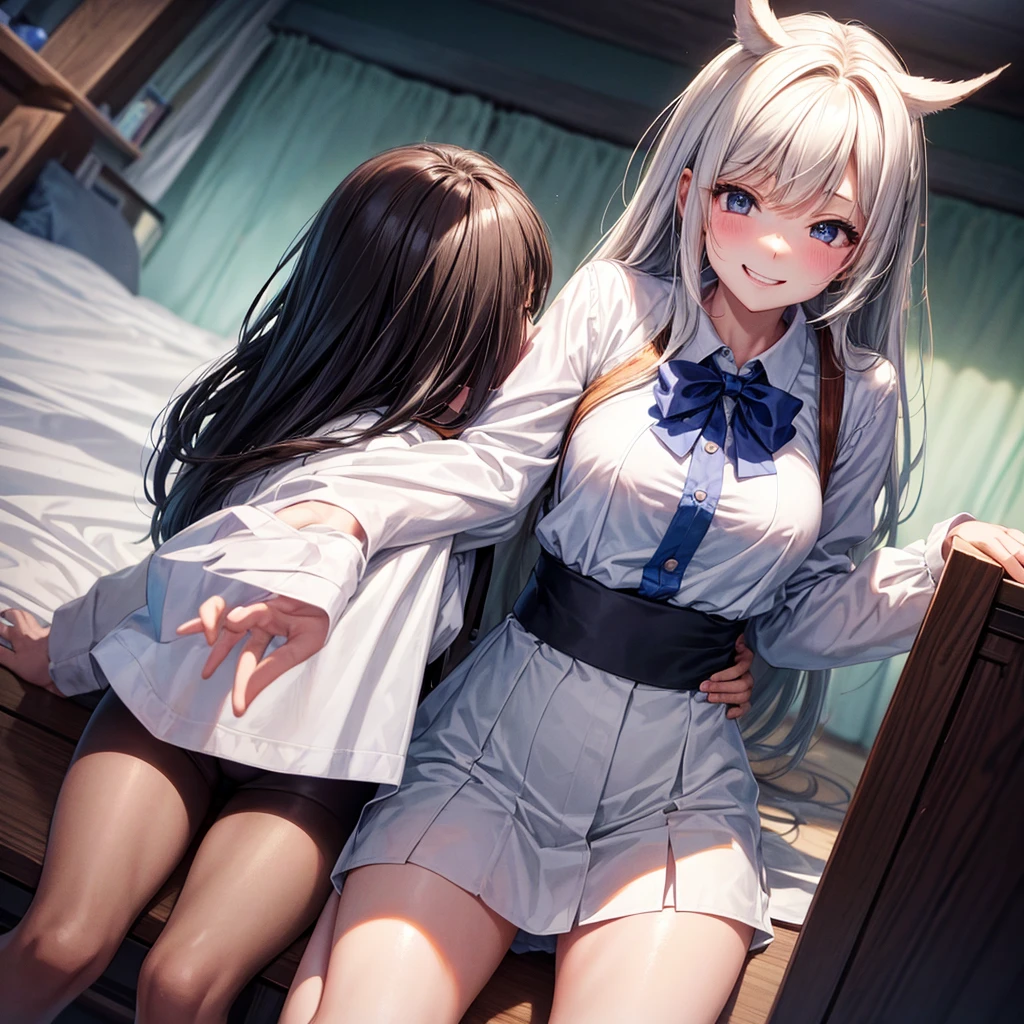 Best Quality,8K,middle School girls, boy is grabbing girl’s from behind」valley,smile,Naughtyな女の子,Beautiful girls,beautiful girl,Absurd,Uniform white shirt,Perfect Face,Horny gasterpiece,Naughty,sex,Bed in troom,Adult