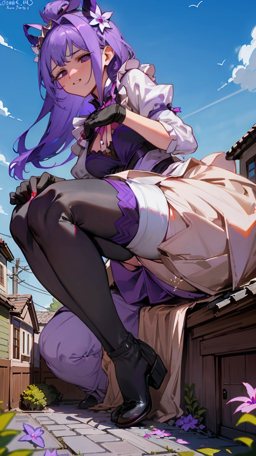 Striding through a quiet suburban neighborhood, the Giantess Goddess with lavender skin and violet eyes looms over houses and cars. Her hair, a cascade of lavender petals, crushes everything in its path. Normal-sized residents try to escape, but many are caught and crushed underfoot. She scoops up those who remain, pressing them against her lavender curves, their pain fueling her pleasure.