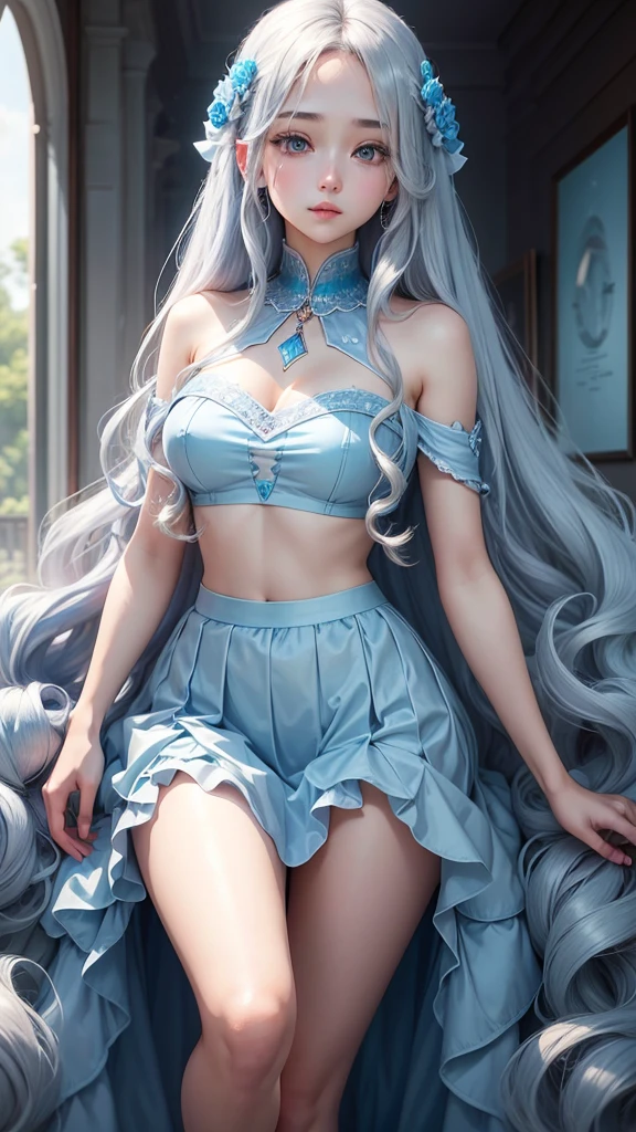 Silvery long curly hair shines,Eyes light blue like a diamond,The whole body exudes a hint of coolness,Wearing a light blue long gauze skirt,A girl as beautiful as the moon, shining all over