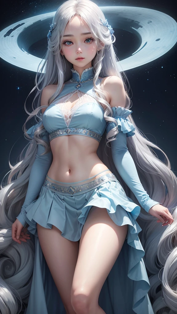 Silvery long curly hair shines，Eyes light blue like a diamond，The whole body exudes a hint of coolness，Wearing a light blue long gauze skirt，A girl as beautiful as the moon, shining all over