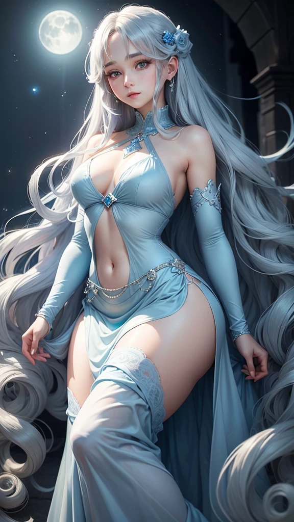 Silvery long curly hair shines，Eyes light blue like a diamond，The whole body exudes a hint of coolness，Wearing a light blue long gauze skirt，A girl as beautiful as the moon, shining all over