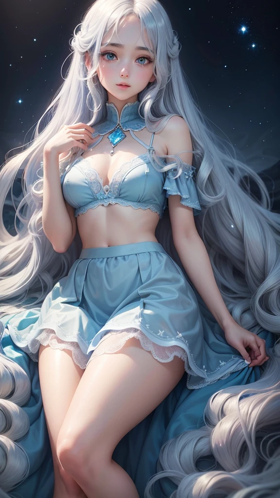 Silvery long curly hair shines,Eyes light blue like a diamond,The whole body exudes a hint of coolness,Wearing a light blue long gauze skirt,A girl as beautiful as the moon, shining all over