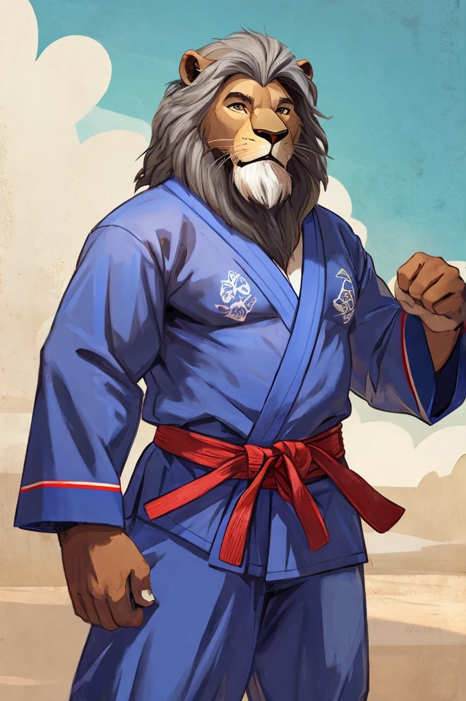 An old lion, 60 years old, dark brown fur, gray mane, wearing a jiu jitsu kimono.