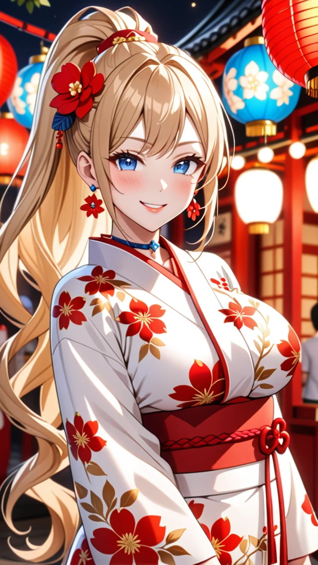 ultra-detailed, ((one girl)), hyper detailed, absurdres, 8K, Beautiful Face, (Laugh shyly), ((teasing smile:1.8)), ((Wink:1.8)), (Laugh with your mouth wide open),(Tilt your head:1.3),  View your viewers, ((Bright red cheeks:1.6)),Glossy Red Lips, ((Big Breasts:1.5)) night, Shrine festival stalls, (Brighten your face), ((Anime style background)),masterpiece, Highest quality, so beautiful,Latest, Complex details, (Pink long nails), (nail art), (ring),(bracelet), (Floral Choker),AI-generated, Complex,High resolution, Highest quality, super high quality,3D Images、3D Images,One person,Blonde long hair,(High Ponytail), (Wavy Hair), Anime woman posing for a photo, ((beautiful eyes)), ((Fine grain、blue eyes、glistening eyes:1.5)), (Squint your eyes:1.1),a hyperRealistic , hyperRealistic , Realistic,Long blonde anime woman, Smooth anime CG art, Pink large floral patternの刺繍が入った、A girl in a gorgeous kimono, ((White long-sleeved kimono)),(Pink large floral pattern) ,Long flower hair ornament,Floral Earrings,Mature Body, tall,Abdominal muscles,Tight waist,((Zoom in on face:2.1)), (front view),