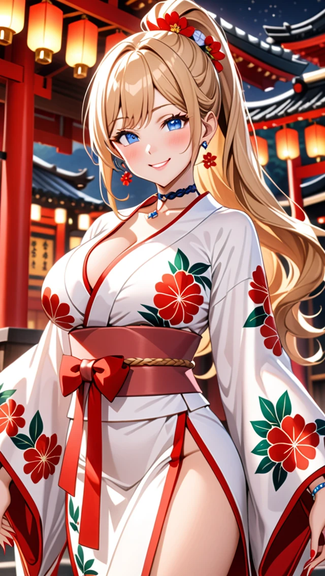 ultra-detailed, ((one girl)), hyper detailed, absurdres, 8K, Beautiful Face, (Laugh shyly), ((teasing smile:1.8)), ((Wink:1.8)), (Laugh with your mouth wide open),(Tilt your head:1.3), View your viewers, ((Bright red cheeks:1.6)),Glossy Red Lips, ((Big Breasts:1.5)) night, Shrine festival stalls, (Brighten your face), ((Anime style background)),masterpiece, Highest quality, so beautiful,Latest, Complex details, (Pink long nails), (nail art), (ring),(bracelet), (Floral Choker),AI-generated, Complex,High resolution, Highest quality, super high quality,3D Images、3D Images,One person,Blonde long hair,(High Ponytail), (Wavy Hair), Anime woman posing for a photo, ((beautiful eyes)), ((Fine grain、blue eyes、glistening eyes:1.5)), (Squint your eyes:1.1),a hyperRealistic , hyperRealistic , Realistic,Long blonde anime woman, Smooth anime CG art, Pink large floral patternの刺繍が入った、A girl in a gorgeous kimono, ((White long-sleeved kimono)),(Pink large floral pattern) ,Long flower hair ornament,Floral Earrings,Mature Body, tall,Abdominal muscles,Tight waist,((Zoom in on face:2.1)), (front view),