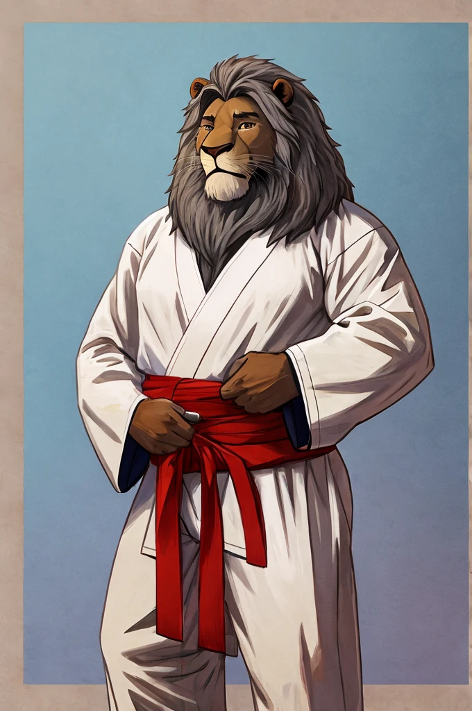 An old lion, 60 years old, dark brown fur, gray mane, wearing a jiu jitsu kimono.