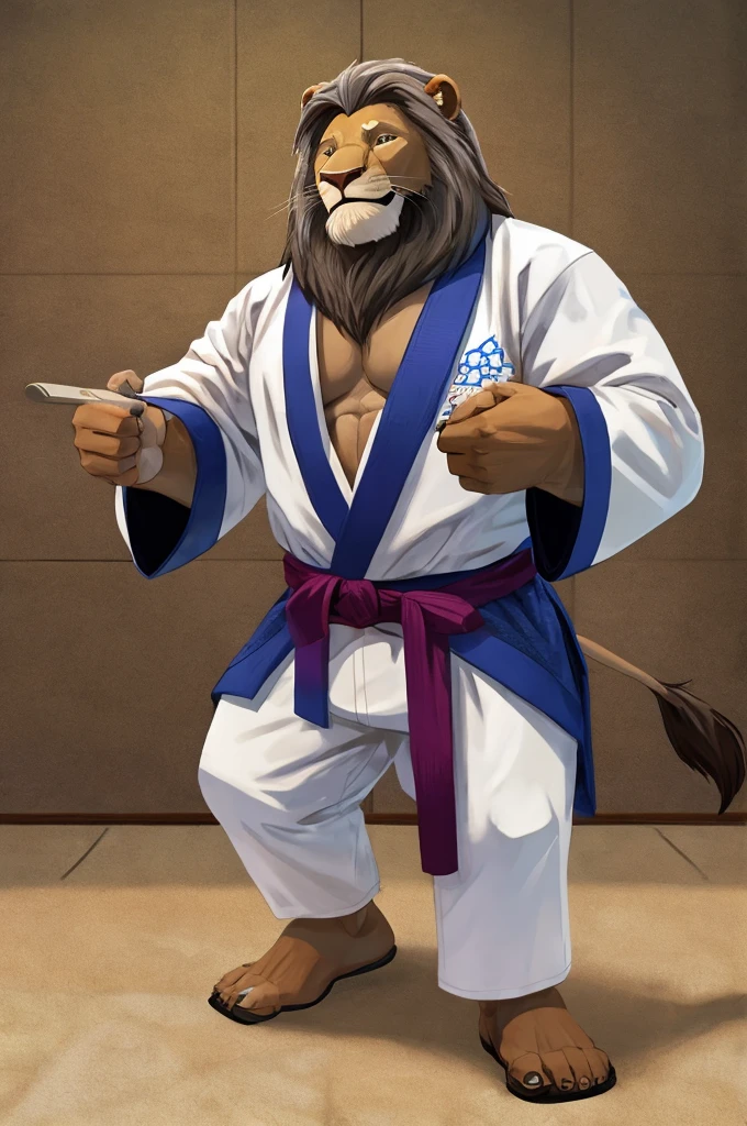 An old lion, 60 years old, dark brown fur, gray mane, wearing a jiu jitsu kimono.