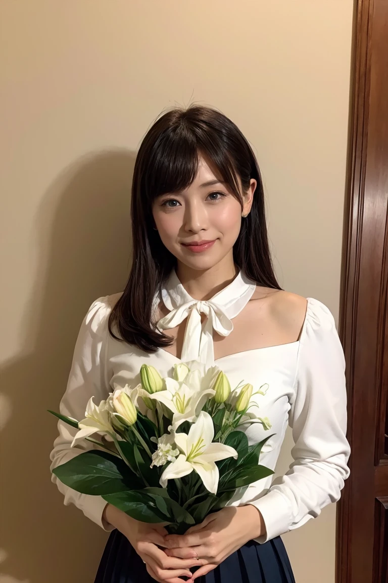 Medium Size Display, Medium Shot, Written boundary depth, bust, Upper Body, Movie angle, masterpiece, Highest quality, Very detailed, CG, 8k wallpaper, Beautiful Face, Delicate eyes, Otome, alone, smile, bangs, skirt, Formal blouse, Bouquet of lilies