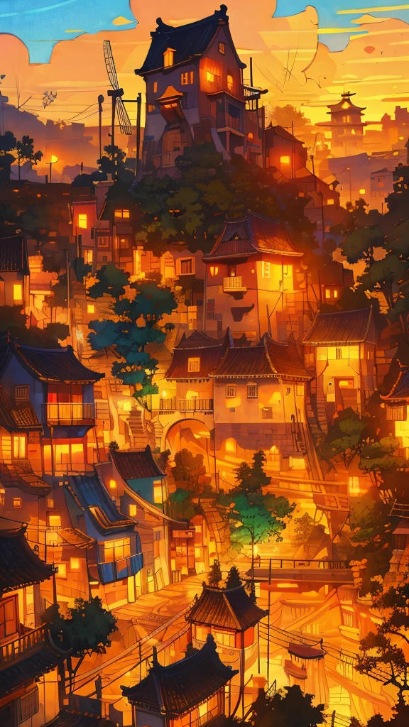 Drawings of houses in a beautiful japanese village, long shot, city concept art, warm colors, rainy evening , lovely, anime artyle, art of Winsor McCay