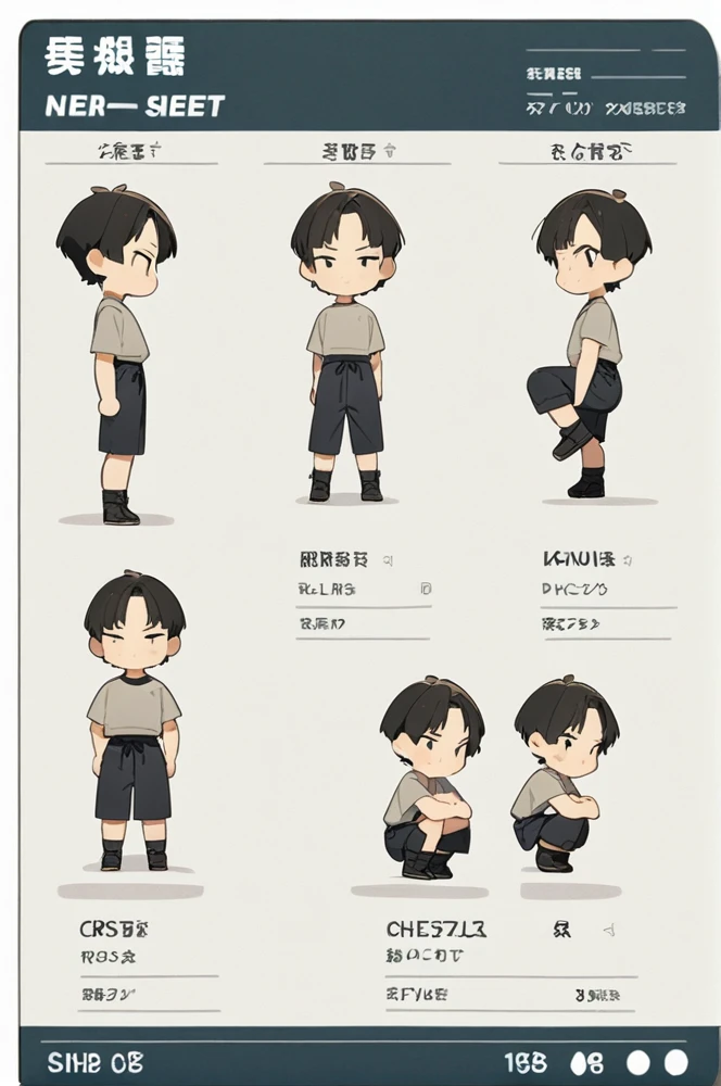 Character sheet, white background, chibi, male, short hair, simple clothes, squat pose, cartoon style, high quality, high resolution