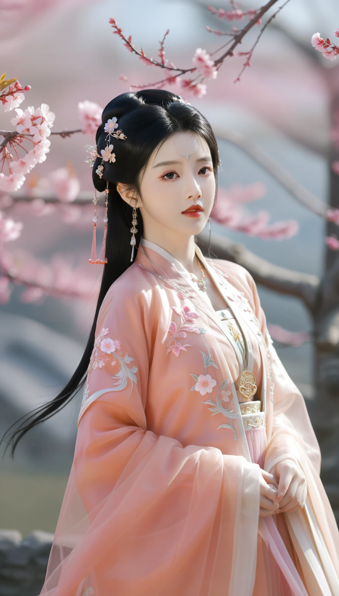 masterpiece,best quality,8K,official art, spring, peach blossom, flying petals, sunshine, ultra high res,1girl,looking at viewer,chinese clothes,hanfu,jewelry,hair ornament,upper body,solo,earrings,plateau,turret,flower,black hair,necklace,teeth,hair, dress, dress (dress, dress, dress, dress, dress, dress, dress), hanfu,embroidery,exquisite,meticulous,(tulle:1.4),