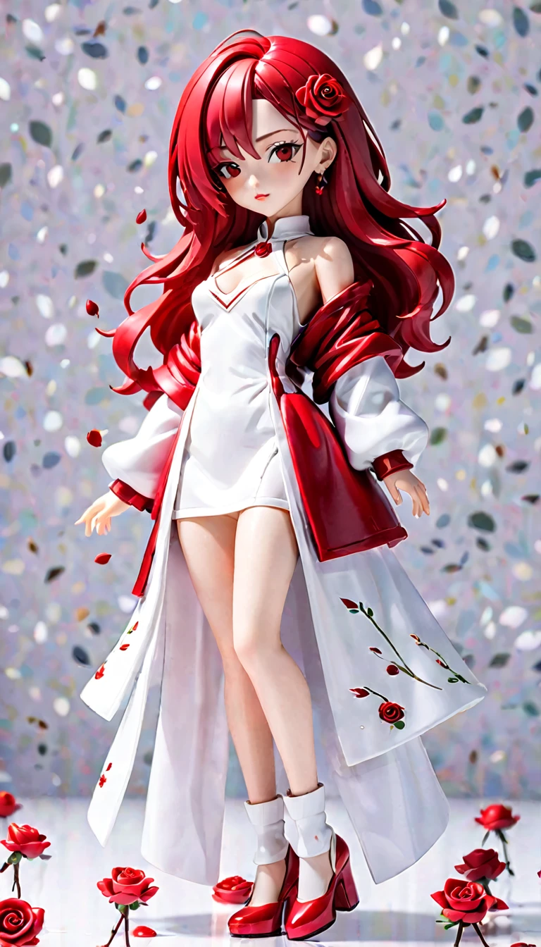 (Blind box toy styles:1.2),whole body,red rose red rose alone,White background,(The future of women,Beautiful girl's face ,Stand on a circular base,Red Rose Transparent Dress, High heel),(Oriental elements, colorful),3d