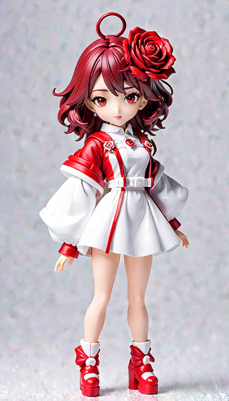 (Blind box toy styles:1.2),whole body,red rose red rose alone,White background,(The future of women，Beautiful girl&#39;s face ,Stand on a circular base，Red Rose Transparent Dress, High heel),(Oriental elements, colorful),3d