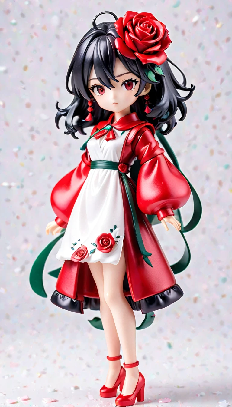 (Blind box toy styles:1.2),whole body,red rose red rose alone,White background,(The future of women,Beautiful girl's face ,Stand on a circular base,Red Rose Transparent Dress, High heel),(Oriental elements, colorful),3d