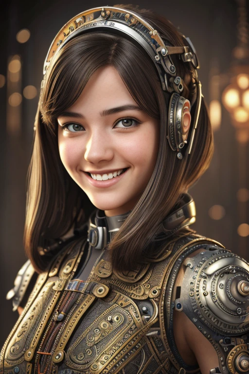 1 smiling girl with bionic arms in steampunk style., captured in ultra high resolution with photorealistic and beautiful lighting. This masterpiece is of the best quality and is set on an abstract zentangle background. (weighted by 1.4).