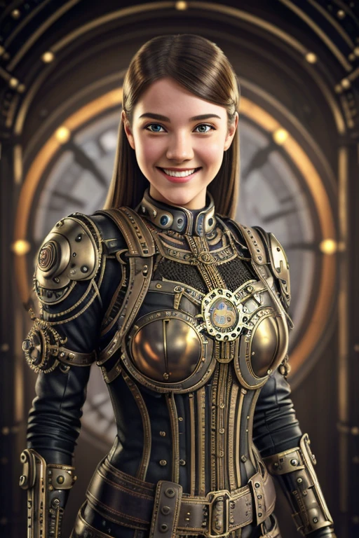 1 smiling girl with bionic arms in steampunk style., captured in ultra high resolution with photorealistic and beautiful lighting. This masterpiece is of the best quality and is set on an abstract zentangle background. (weighted by 1.4).