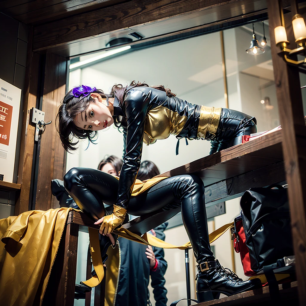 ((best quality)), ((masterpiece)), (detailed), 1girl, off-shoulder sweater, young Korean woman with golden eyes, sandy lush hair, tanned bronze skin, huge chest, sculpted powerful body muscles, dressed in a blue coat, dressed in heavy steel armor, black leather pants, wide yellow leather belt with gold yarn, steel gloves, hiking backpack , sits in a tavern of adventurers of a fantasy world,