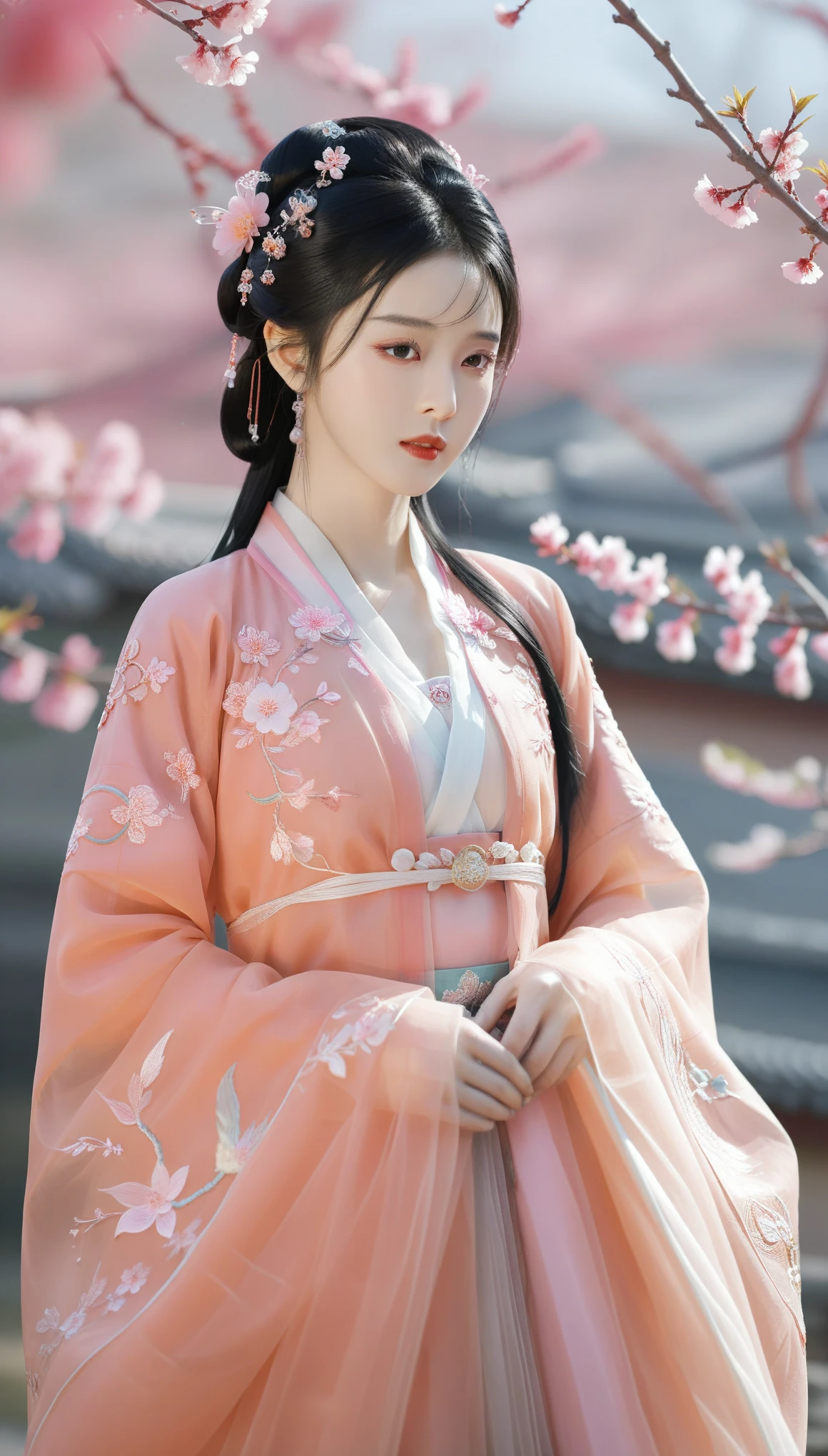 masterpiece,best quality,8K,official art, spring, peach blossom, flying petals, sunshine, ultra high res,1girl,looking at viewer,chinese clothes,hanfu,jewelry,hair ornament,upper body,solo,earrings,plateau,turret,flower,black hair,necklace,teeth,hair, dress, dress (dress, dress, dress, dress, dress, dress, dress), hanfu,embroidery,exquisite,meticulous,(tulle:1.4),