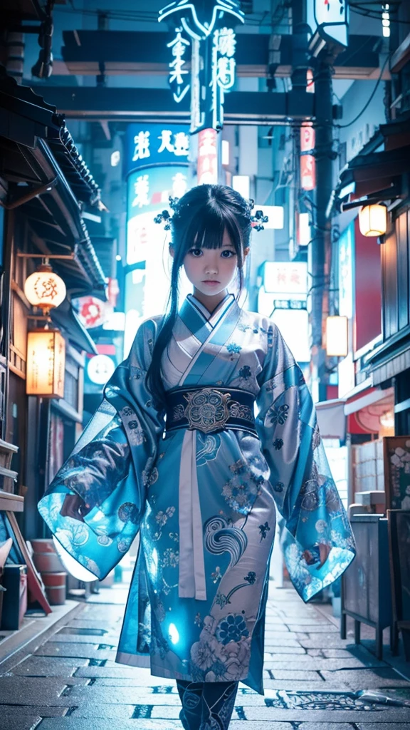 Neo Tokyo, Cyberpunk,  very cute and beautiful and girl with mysterious atmosphere, ghost,  in appearance and graceful in traditional Japanese costume and design, beautiful light blue eyes, biomechanical, Japanese traditional graceful Japanese room, long black hair, bangs, face, hands and designs and decorations are detailed and clearly drawn, ultra-realistic and realistic images of super high quality.