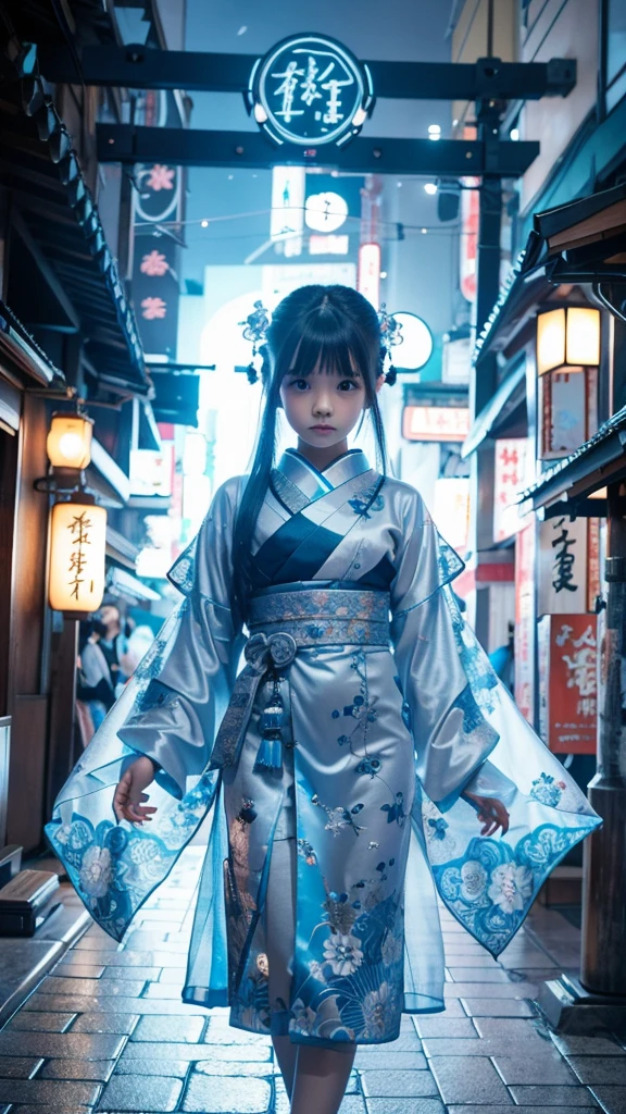 Neo Tokyo, Cyberpunk, 12 years old very cute and beautiful and girl with mysterious atmosphere, ghost, in appearance and graceful in traditional Japanese costume and design, beautiful light blue eyes, biomechanical, Japanese traditional graceful Japanese room, long black hair, bangs, face, hands and designs and decorations are detailed and clearly drawn, ultra-realistic and realistic images of super high quality.