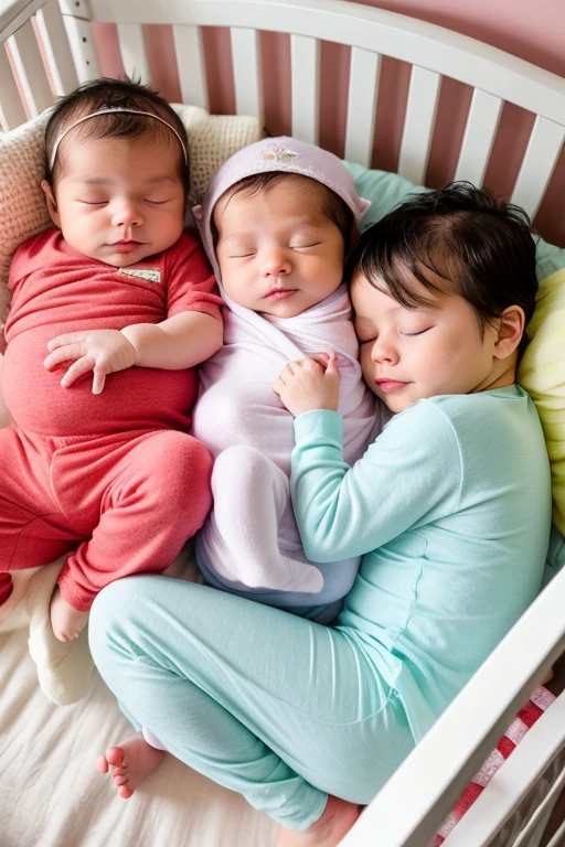 cute newborn babies, 5 babies sleeping together in crib, different colored clothing