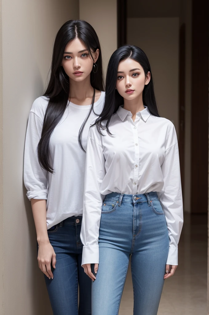A tall woman with blue eyes, wearing jeans and a white shirt, with black hair and muscular
