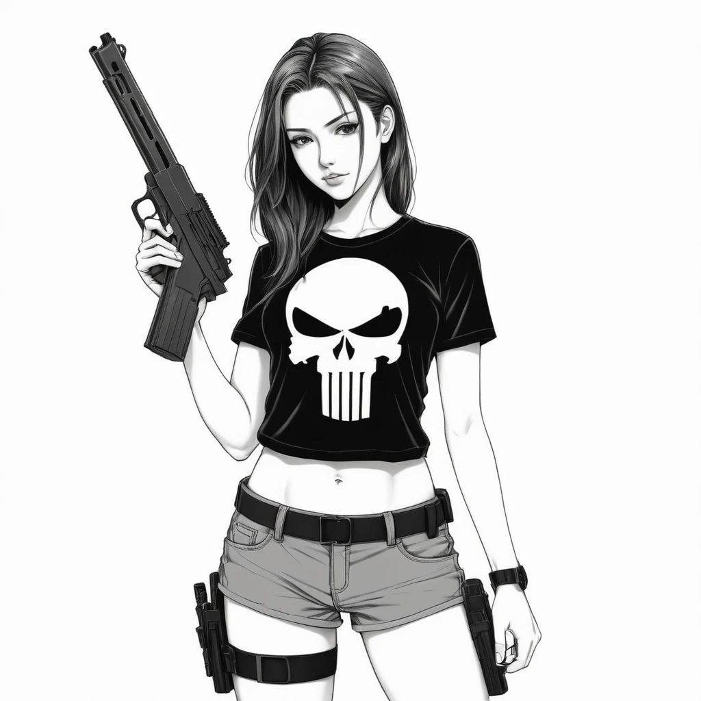 anime artwork of a young sexy punisher woman in a black punisher shirt holding one gun anime manga girl style, entire body in shot, full body shot, anime style, key visual, line art, coloring page, black and white, white backround, thick ink lines, studio anime, highly detailed