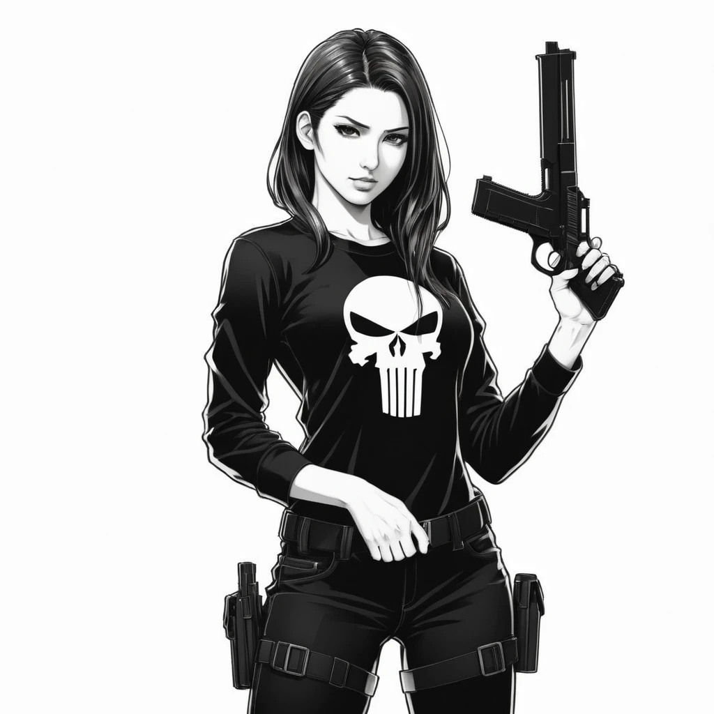 anime artwork of a young sexy punisher woman in a black punisher shirt holding one gun anime manga girl style, entire body in shot, full body shot, anime style, key visual, line art, coloring page, black and white, white backround, thick ink lines, studio anime, highly detailed