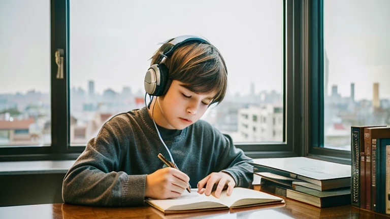 **********, 18-years old, light brown hair, eyes browns, estilo rebelde, wearing headphones and writing in notebook at his study desk, in your room, next to large window overlooking the city. On the table there are 2 books and a cup of tea, her little cat and on the shelf with books there is a small vase with flowers.