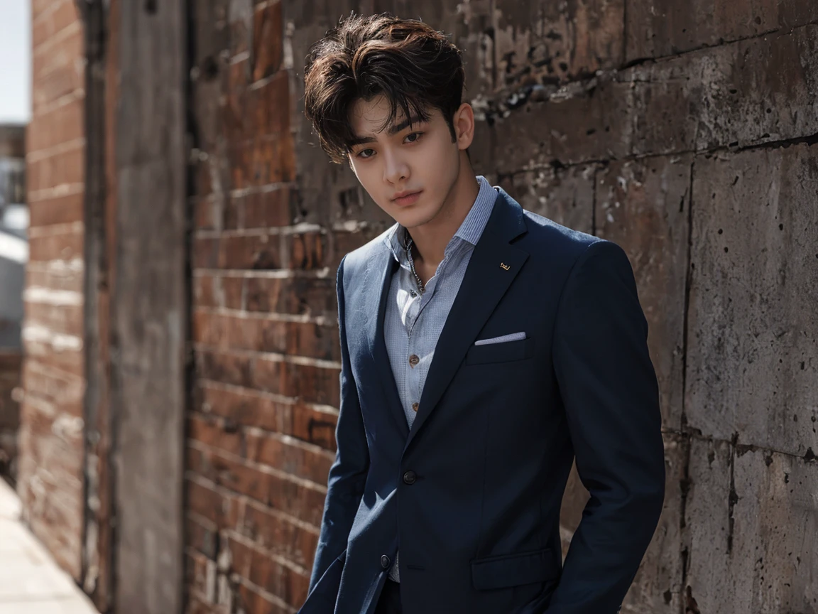 4K/ realistic picture/ Real amateur photos posted , A handsome guy, long eyebrows, Wear a neat suit, tough image, muscles in the arms