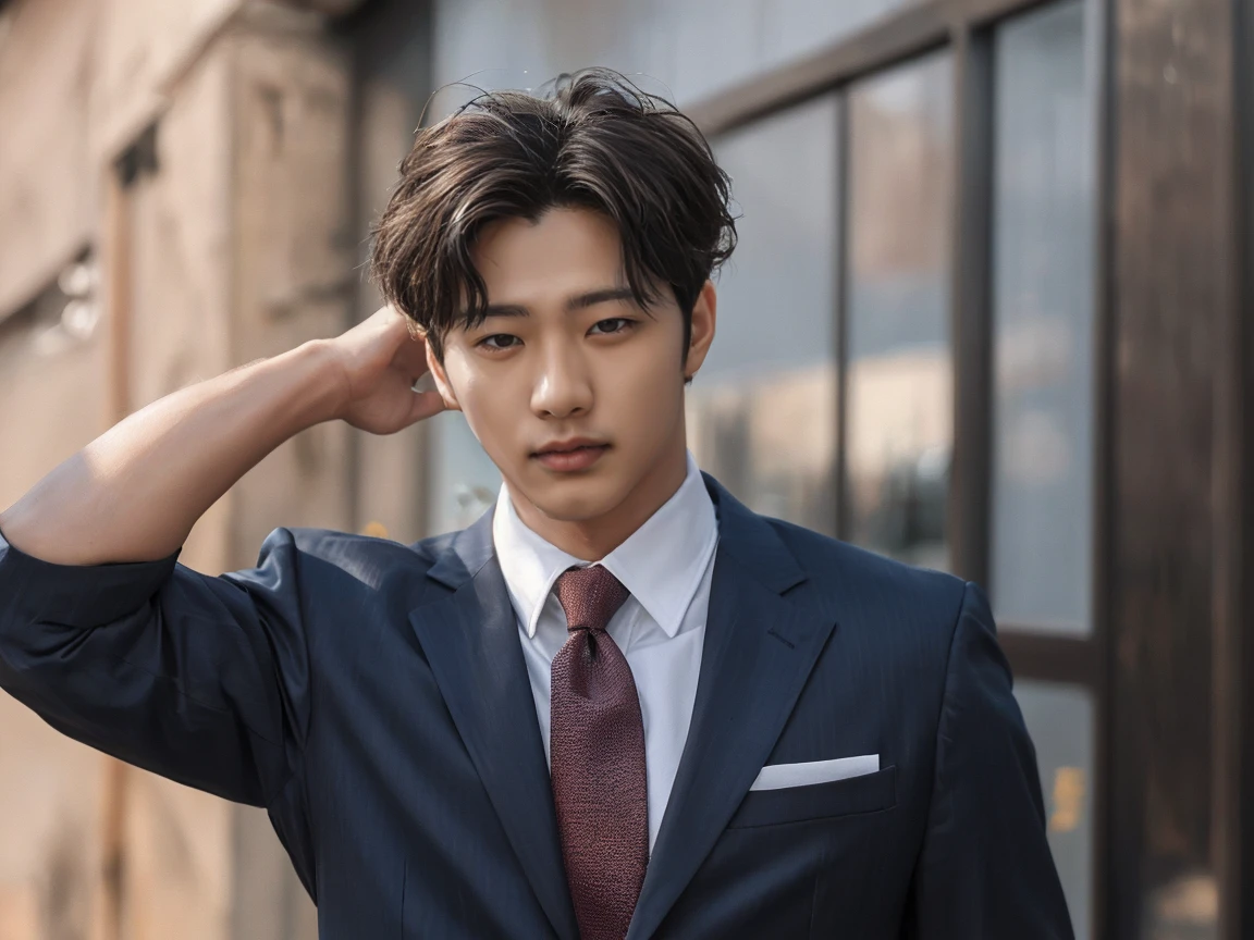 4K/ realistic picture/ Real amateur photos posted , A handsome guy, long eyebrows, Wear a neat suit, tough image, muscles in the arms
