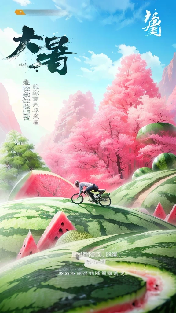 There is a poster，Above is a man riding a bicycle in the mountains, The material is!!! watermelon!!!, Promotional image, movie Propaganda Art, watermelons, Popular on cgstation, by Qu Leilei, author：Yan Hui, watermeloncore, author：Ni Yuanlu, The art of production, by Shi Zhonggui, Propaganda Art, by Cheng Jiasui