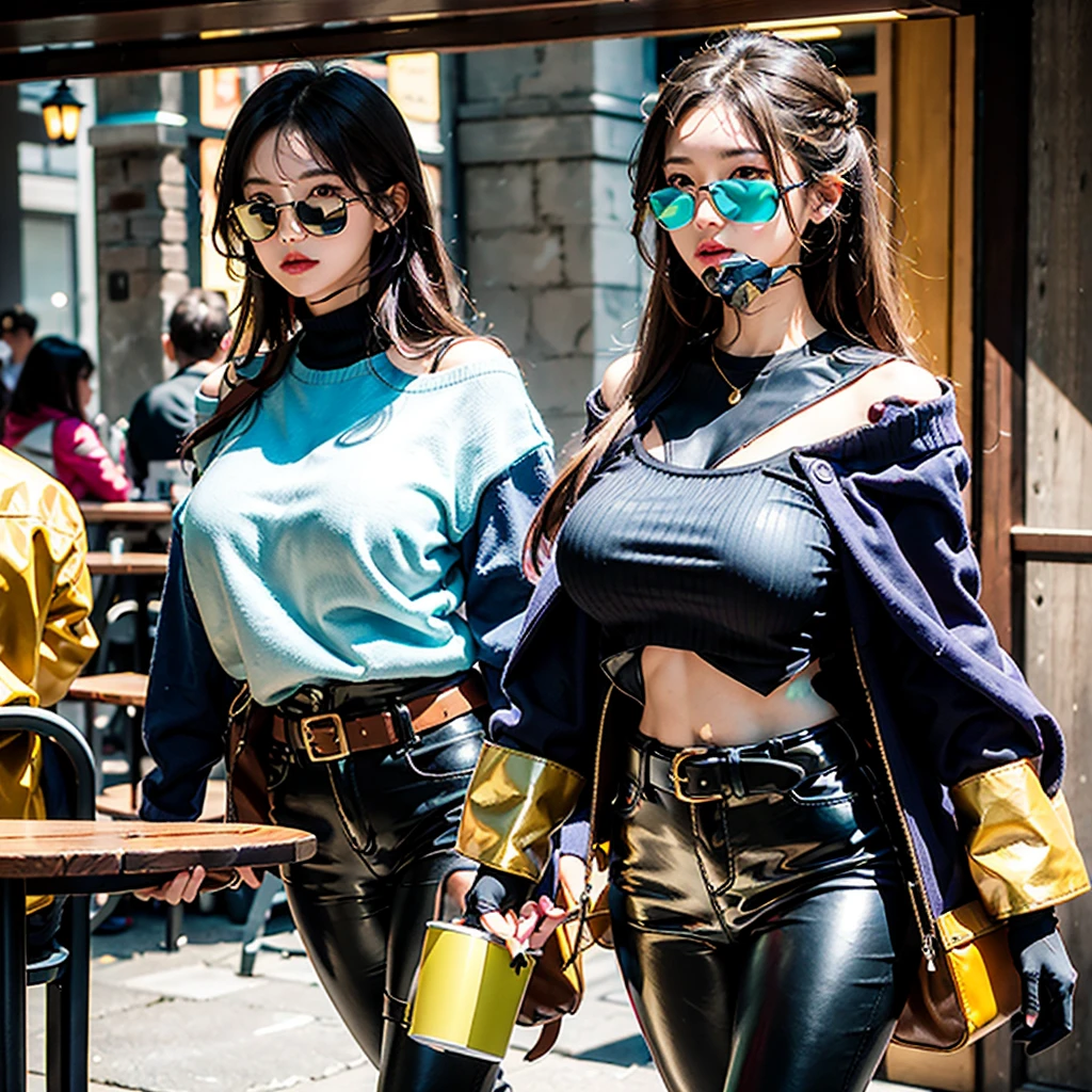 ((best quality)), ((masterpiece)), (detailed), 1girl, off-shoulder sweater, young Korean woman with golden eyes, sandy lush hair, tanned bronze skin, huge chest, sculpted powerful body muscles, dressed in a blue coat, dressed in heavy steel armor, black leather pants, wide yellow leather belt with gold yarn, steel gloves, hiking backpack , sits in a tavern of adventurers of a fantasy world,