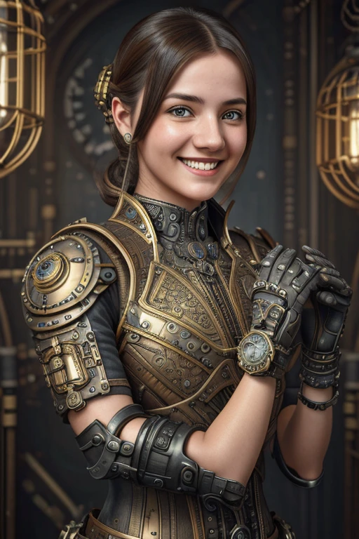 1 smiling girl with bionic arms in steampunk style., captured in ultra high resolution with photorealistic and beautiful lighting. This masterpiece is of the best quality and is set on an abstract zentangle background. (weighted by 1.4).