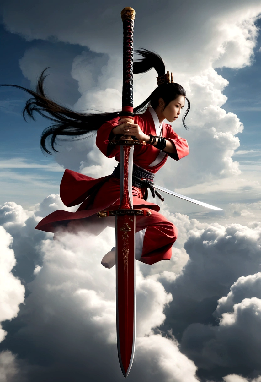 illustration of two female samurai warriors flying above the clouds, a white samurai woman, and the other a red samurai woman, holding drawn swords, staring at each other, dramatic effect, rotating camera view