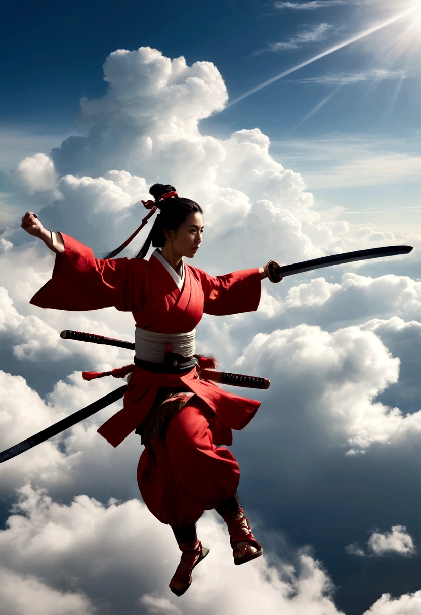 illustration of two female samurai warriors flying above the clouds, a white samurai woman, and the other a red samurai woman, holding drawn swords, staring at each other, dramatic effect, rotating camera view