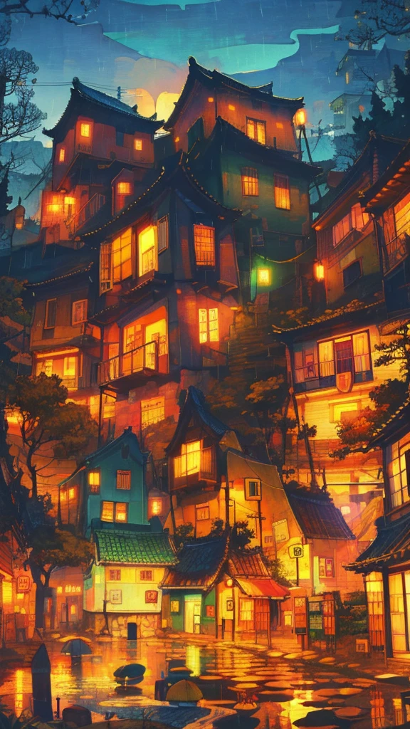 Drawings of houses in a beautiful japanese village, long shot, city concept art, warm colors, cool colors,  rainy evening , lovely, anime artyle, art of Winsor McCay