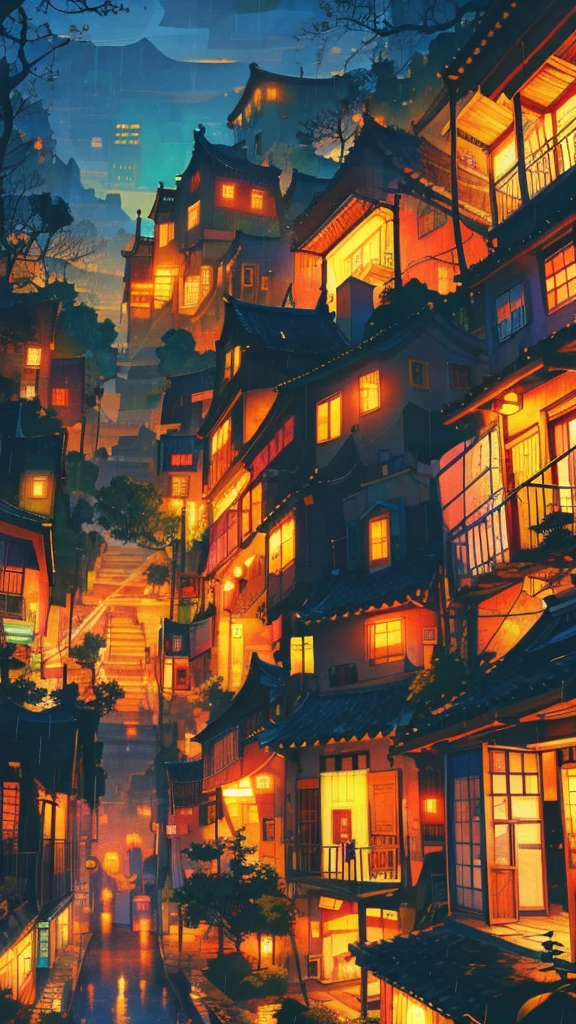 Drawings of houses in a beautiful japanese village, long shot, city concept art, warm colors, cool colors,  rainy evening , lovely, anime artyle, art of Winsor McCay