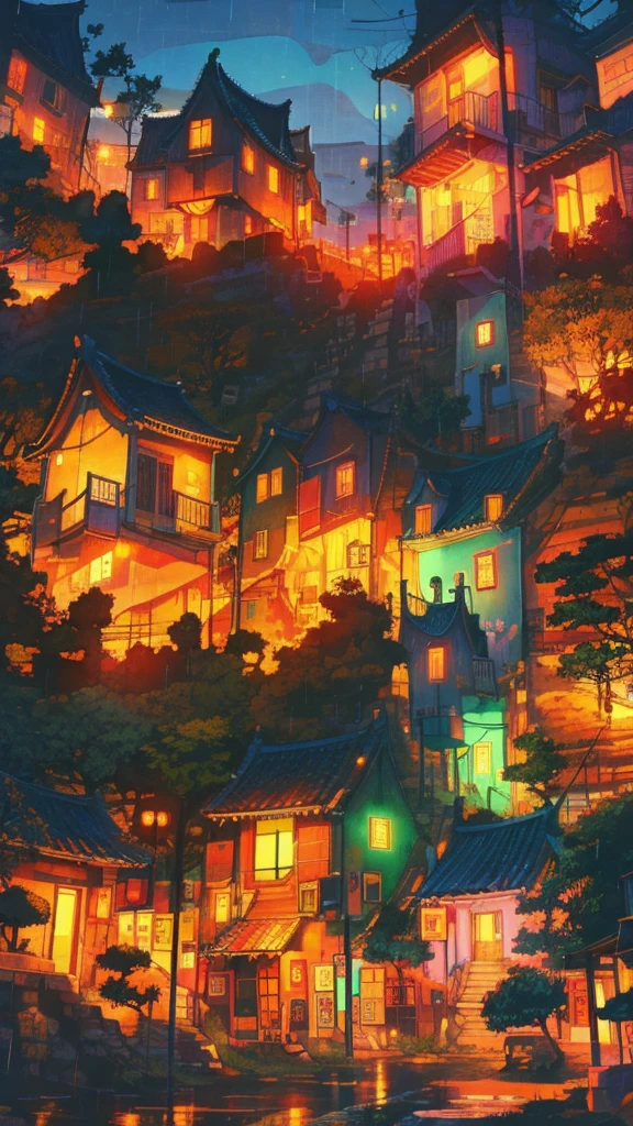 Drawings of houses in a beautiful japanese village, long shot, city concept art, warm colors, cool colors,  rainy evening , lovely, anime artyle, art of Winsor McCay
