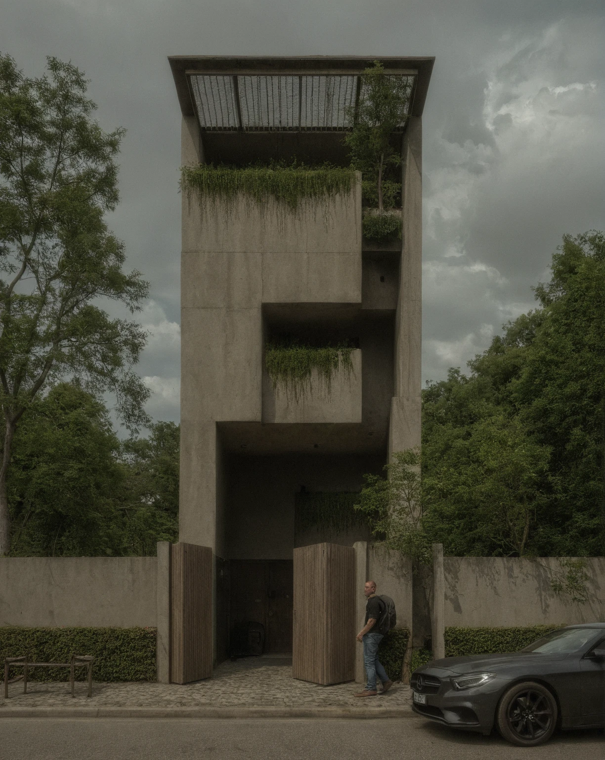 Photo brute,head of&#39;artwork, High quality, best quality, authentique, great detail, Outside, En plein air,Tuonghoagio,house, style moderne, on street,mur de fleurs de vent, glass windows, white wall,grille, metal railing road,pavement, grass, trees, blue sky, (day light:1.1), ((photo realistic))